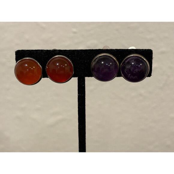 Natural Amethyst & Carnelian Vintage Clip On Earrings Silver Tone - Picture 2 of 5